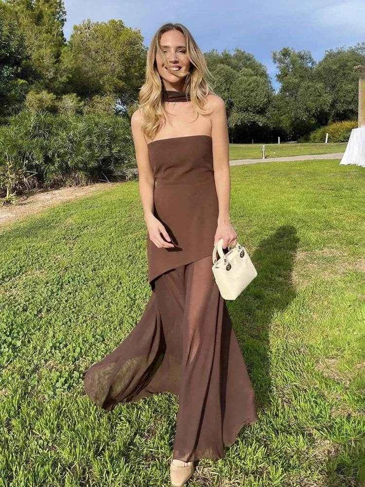 Strapless Mesh Ribbon Maxi Dress - Stylbelle