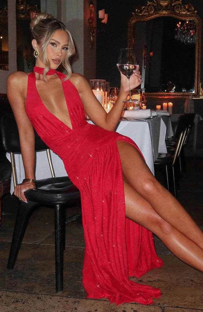 Glitter Halter Maxi Dress – Split & Backless Statement - Stylbelle