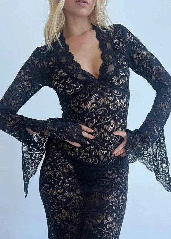 Sheer Elegance V-Neck Lace Maxi Dress - Stylbelle