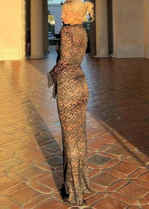 Sheer Elegance V-Neck Lace Maxi Dress - Stylbelle