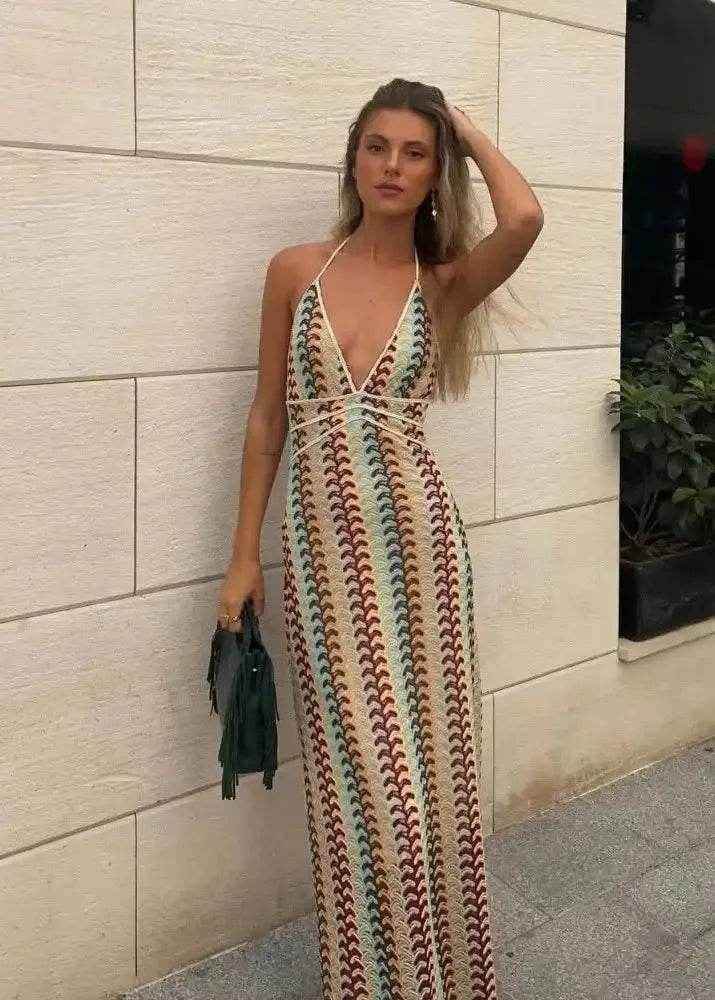 Colorful Printed Crochet Maxi Dress – Deep V Backless - Stylbelle