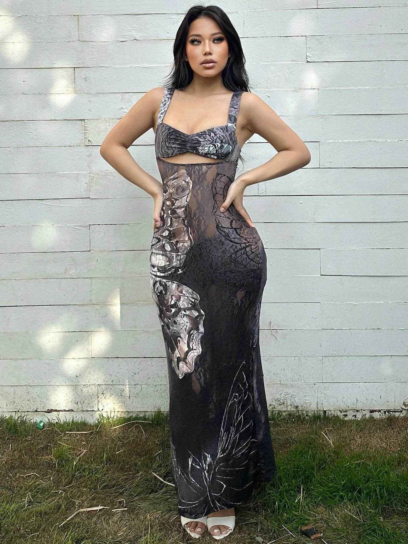 Lace Print Cut-Out Maxi Dress - Stylbelle