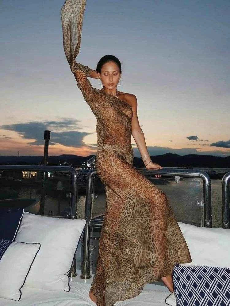 Leopard One-Shoulder Maxi Backless Vacation - Stylbelle