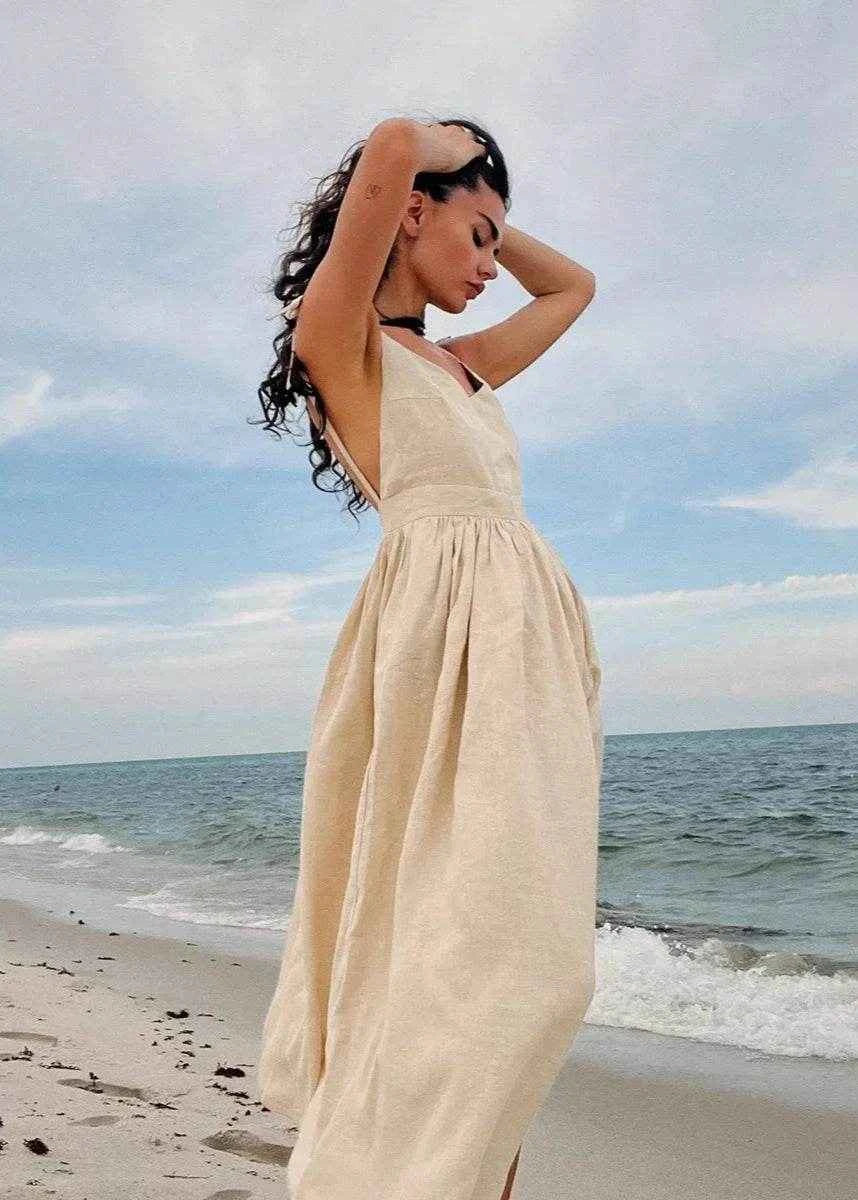 Vintage Cotton V-Neck A-Line Beach Dress - Stylbelle