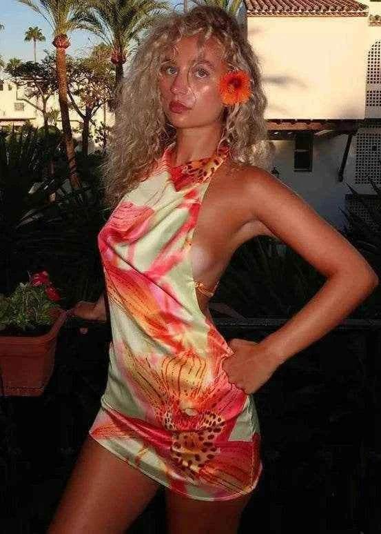 3D Floral Satin Halter Mini Dress - Stylbelle