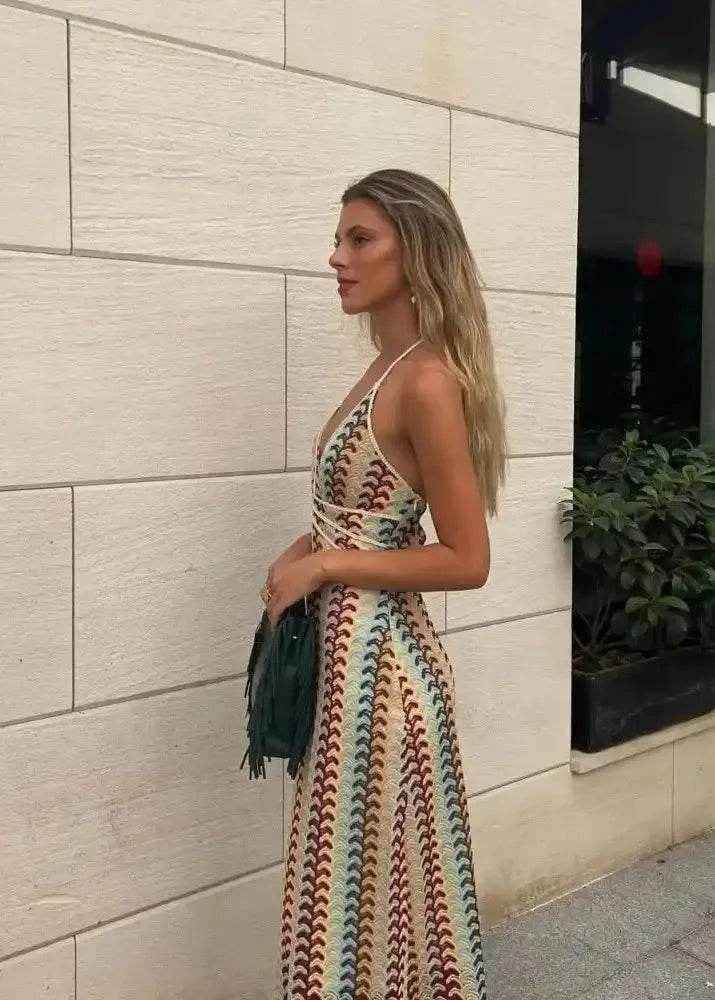 Colorful Printed Crochet Maxi Dress – Deep V Backless - Stylbelle