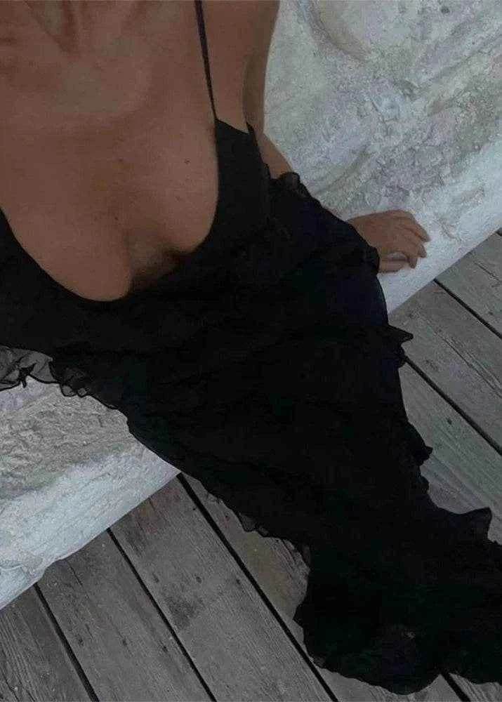 Black Ruffle Chiffon Dress – Vacation Party Fit - Stylbelle