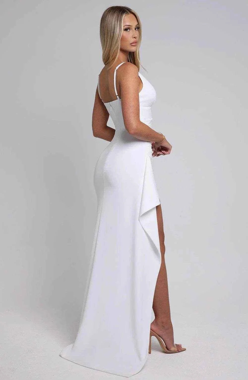 White Deep V Runway Dress – Leg Reveal Party Look - Stylbelle