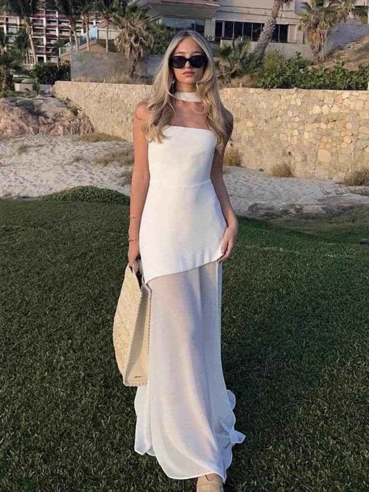 Strapless Mesh Ribbon Maxi Dress - Stylbelle