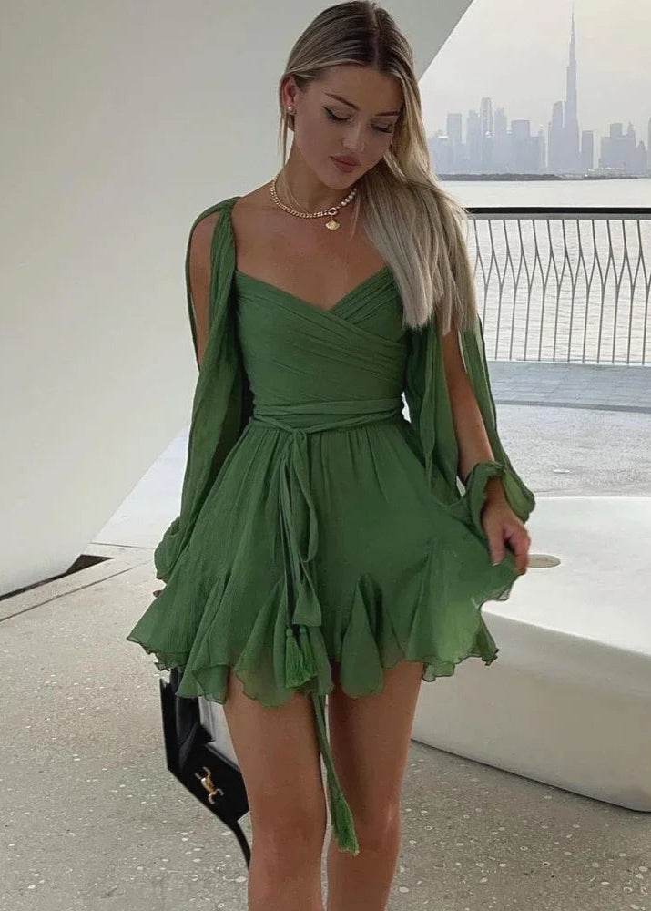 Elegant Green Pleated Mini Dress - Stylbelle