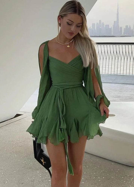 Elegant Green Pleated Mini Dress - Stylbelle