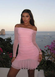 Pink Off-Shoulder Mesh Maxi Dress