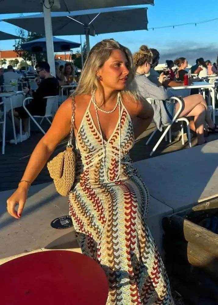Colorful Printed Crochet Maxi Dress – Deep V Backless - Stylbelle