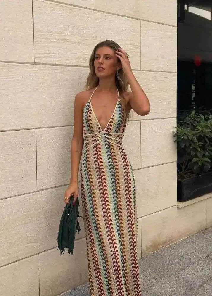 Colorful Printed Crochet Maxi Dress – Deep V Backless - Stylbelle