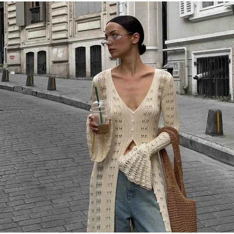 Elegant Knitted Hollow Out Long Dress - Stylbelle